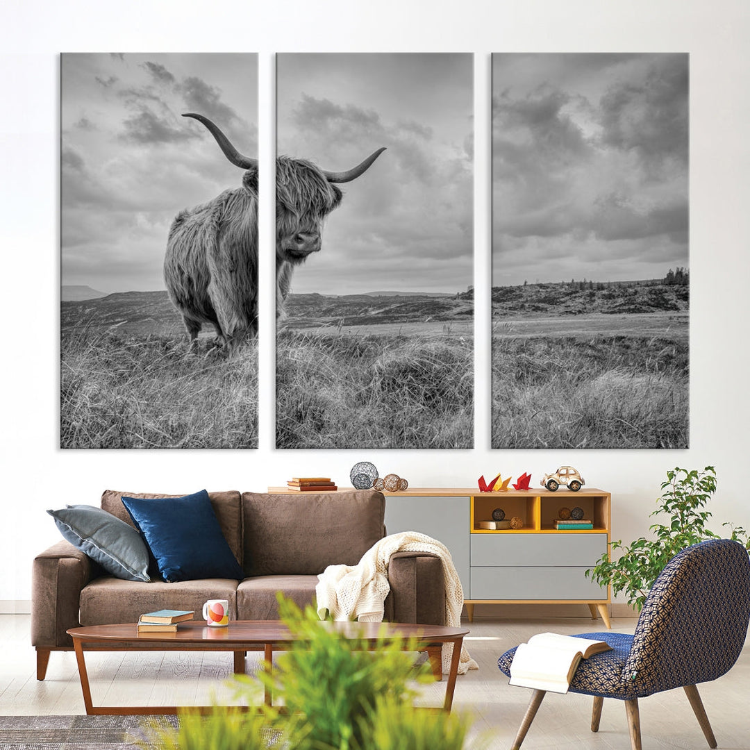 Grayscale Highland Cattle Canvas Art Print Extra Large Wall Art Animal Pictures Canvas Art Cow Print Art Framed Multi Piece Canvas Artwork for Living Room Office Modern Home Decoration