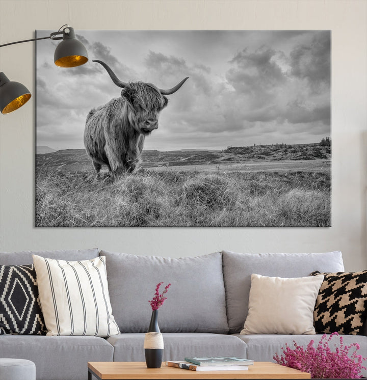 Grayscale Highland Cattle Canvas Art Print Extra Large Wall Art Animal Pictures Canvas Art Cow Print Art Framed Multi Piece Canvas Artwork for Living Room Office Modern Home Decoration