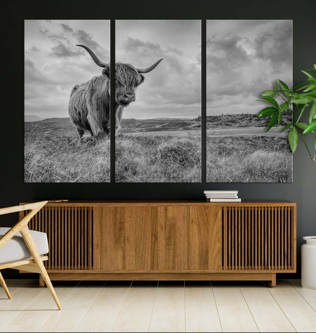 Grayscale Highland Cattle Canvas Art Print Extra Large Wall Art Animal Pictures Canvas Art Cow Print Art Framed Multi Piece Canvas Artwork for Living Room Office Modern Home Decoration