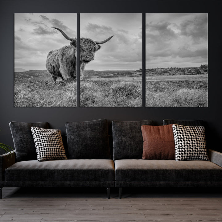 Grayscale Highland Cattle Canvas Art Print Extra Large Wall Art Animal Pictures Canvas Art Cow Print Art Framed Multi Piece Canvas Artwork for Living Room Office Modern Home Decoration