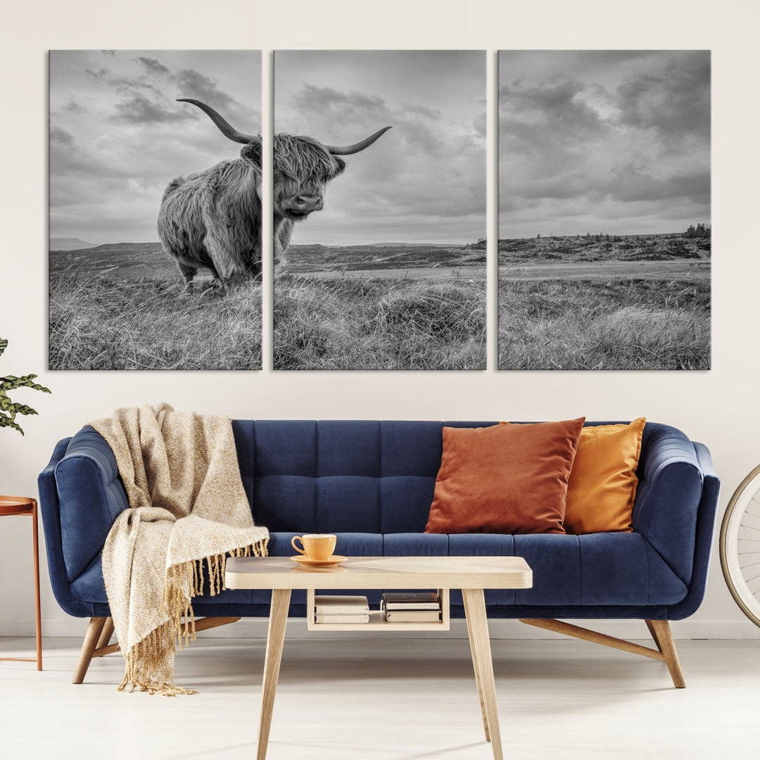 Grayscale Highland Cow Canvas Art Print Extra Large Animal Picture Print on Canvas