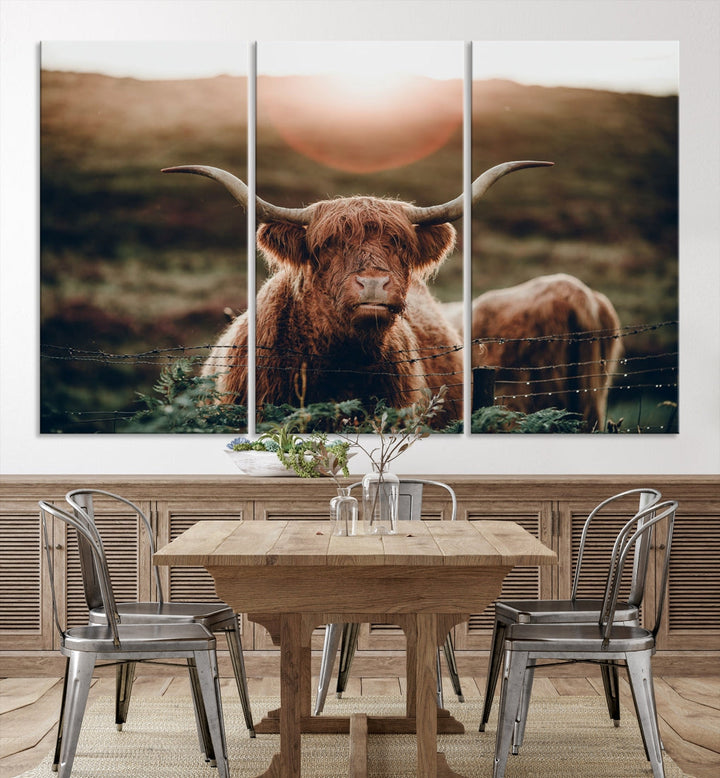 Grazing Highland Cows Canvas Wall Art Print Cute Animal Art Framed Ready to Hang