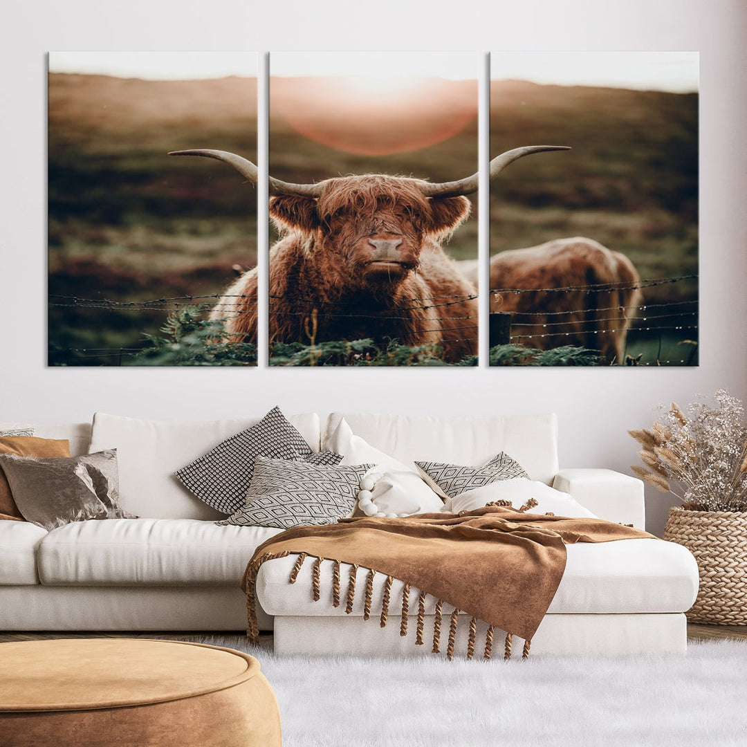 Grazing Highland Cows Canvas Wall Art Print Cute Animal Art Framed Ready to Hang