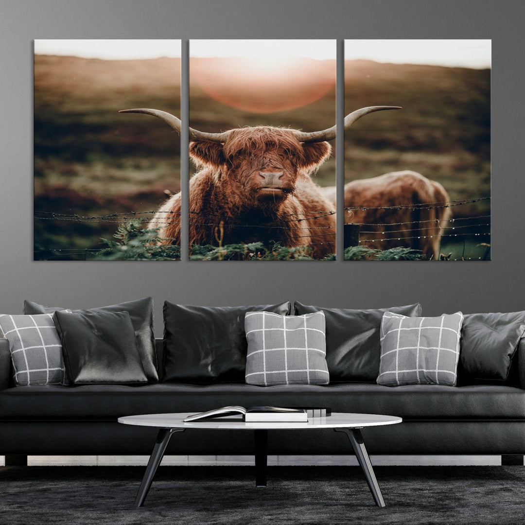 Grazing Highland Cows Canvas Wall Art Print Cute Animal Art Framed Ready to Hang