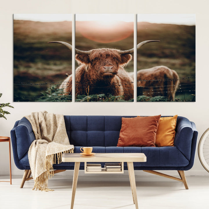 Grazing Highland Cows Canvas Wall Art Print Cute Animal Art Framed Ready to Hang