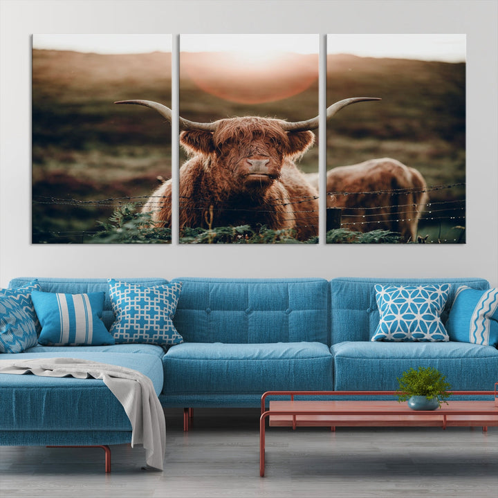 Grazing Highland Cows Canvas Wall Art Print Cute Animal Art Framed Ready to Hang