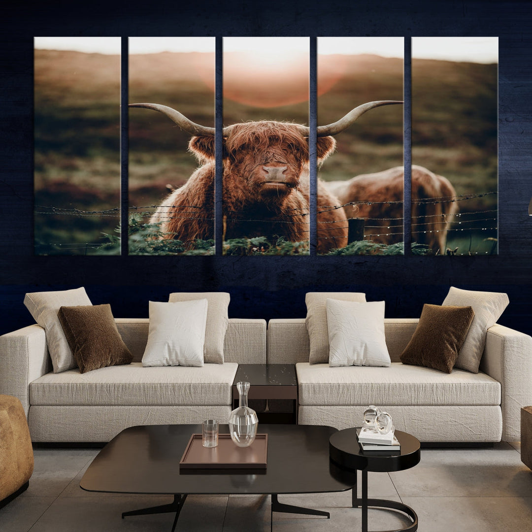 Grazing Highland Cows Canvas Wall Art Print Cute Animal Art Framed Ready to Hang