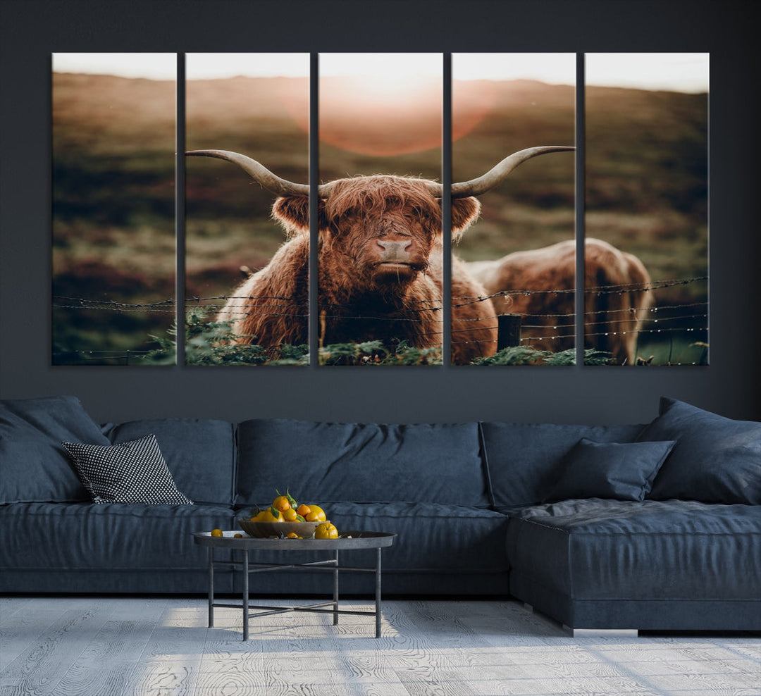 Grazing Highland Cows Canvas Wall Art Print Cute Animal Art Framed Ready to Hang