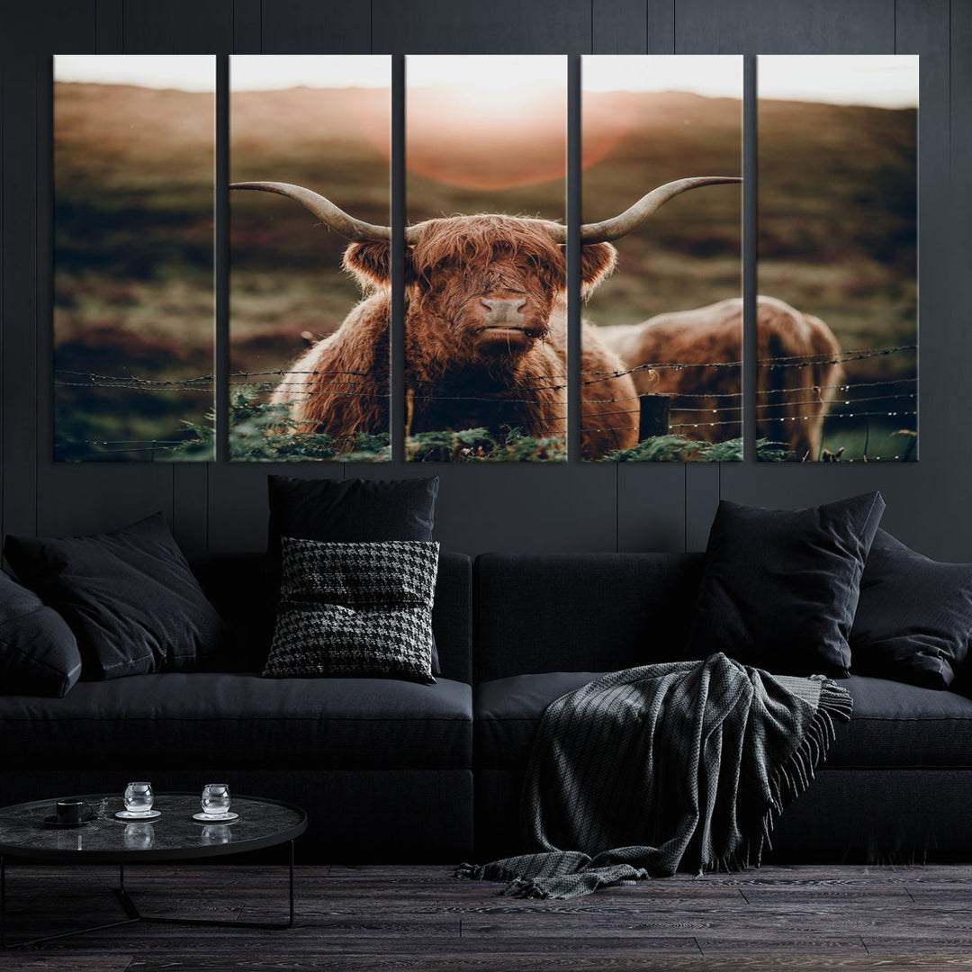 Grazing Highland Cows Canvas Wall Art Print Cute Animal Art Framed Ready to Hang