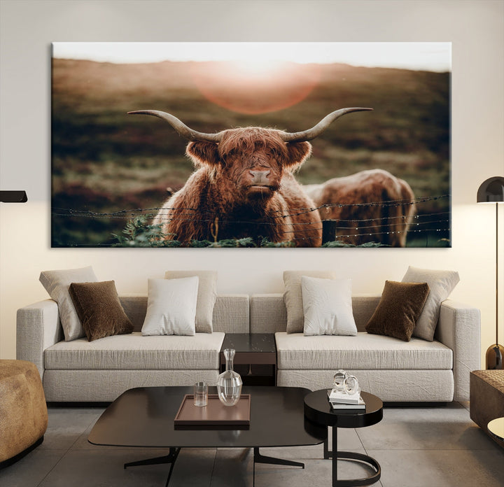 Grazing Highland Cows Canvas Wall Art Print Cute Animal Art Framed Ready to Hang