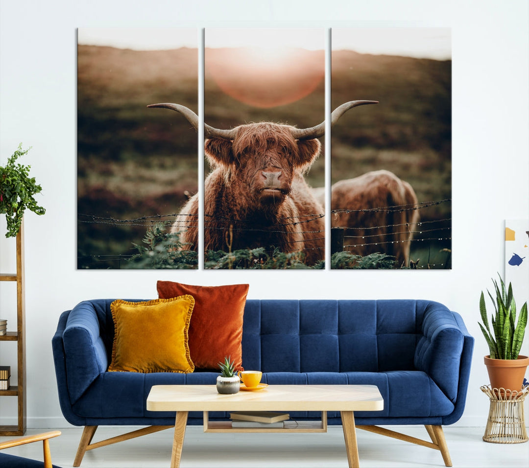 Grazing Highland Cows Canvas Wall Art Print Cute Animal Art Framed Ready to Hang