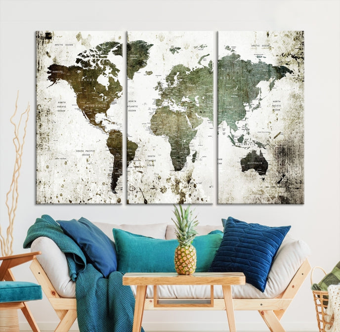 Green Brown World Map Painting on Canvas Giclee Print Framed Wall Art