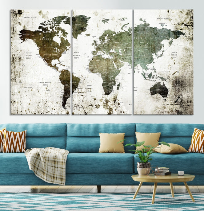 Green Brown World Map Painting on Canvas Giclee Print Framed Wall Art