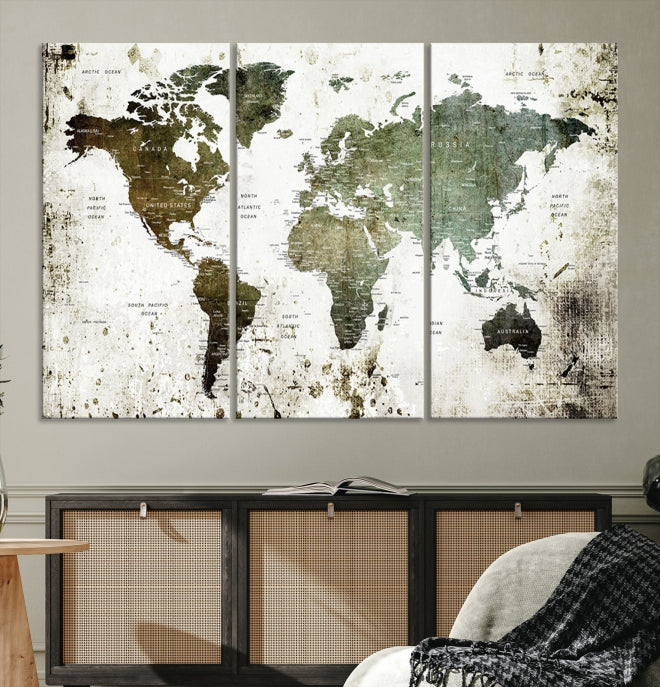 Green Brown World Map Painting on Canvas Giclee Print Framed Wall Art