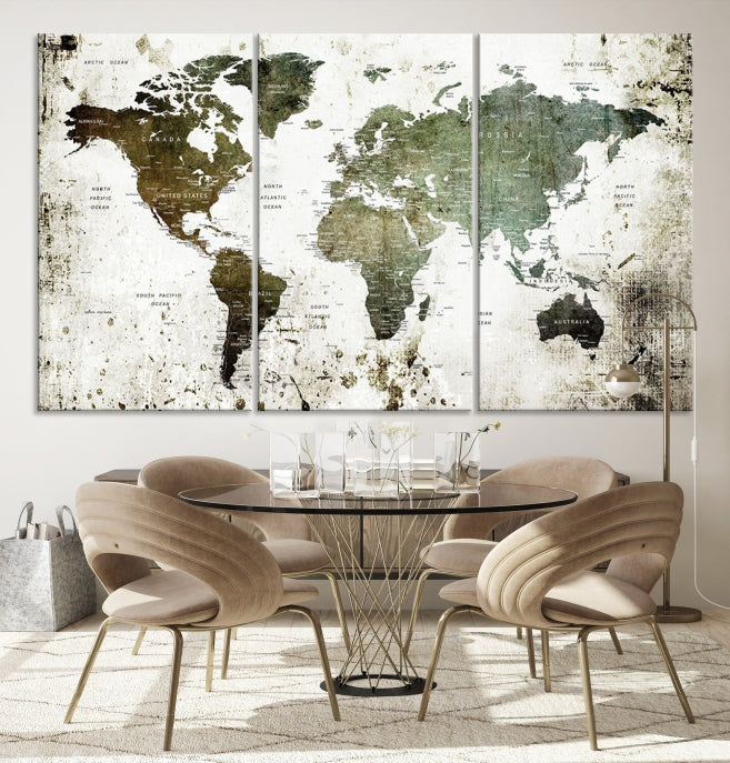 Green Brown World Map Painting on Canvas Giclee Print Framed Wall Art