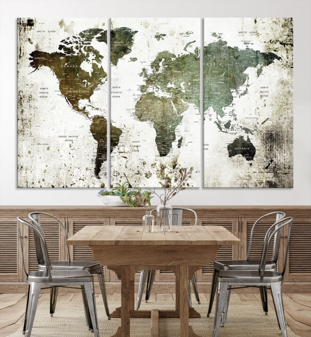 Green Brown World Map Painting on Canvas Giclee Print Framed Wall Art