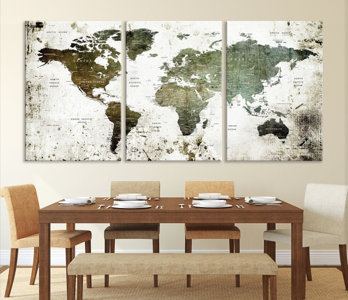 Green Brown World Map Painting on Canvas Giclee Print Framed Wall Art