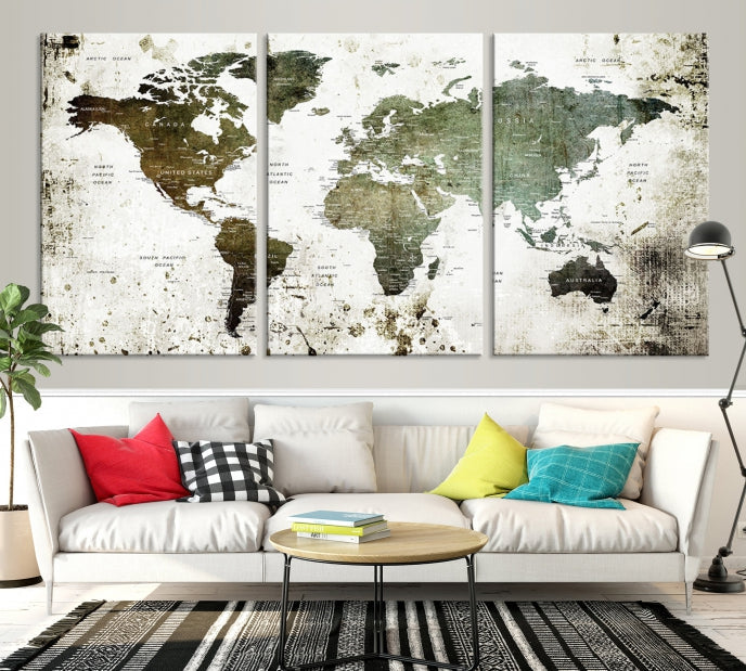 Green Brown World Map Painting on Canvas Giclee Print Framed Wall Art