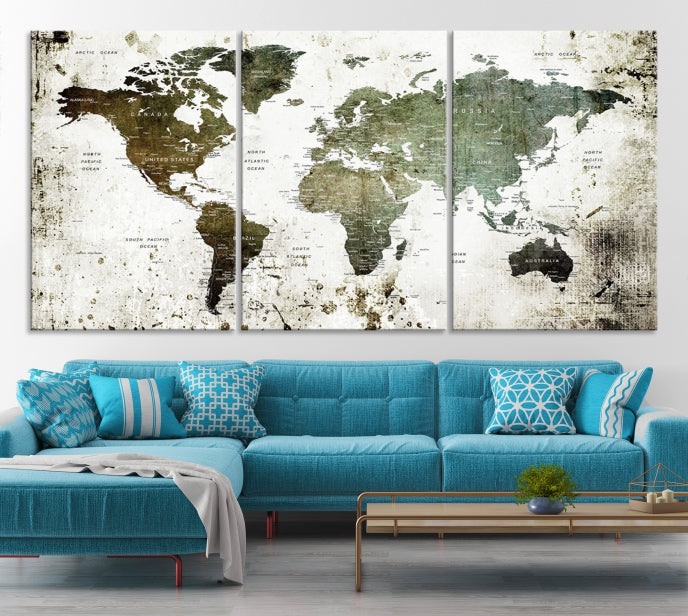 Green Brown World Map Painting on Canvas Giclee Print Framed Wall Art