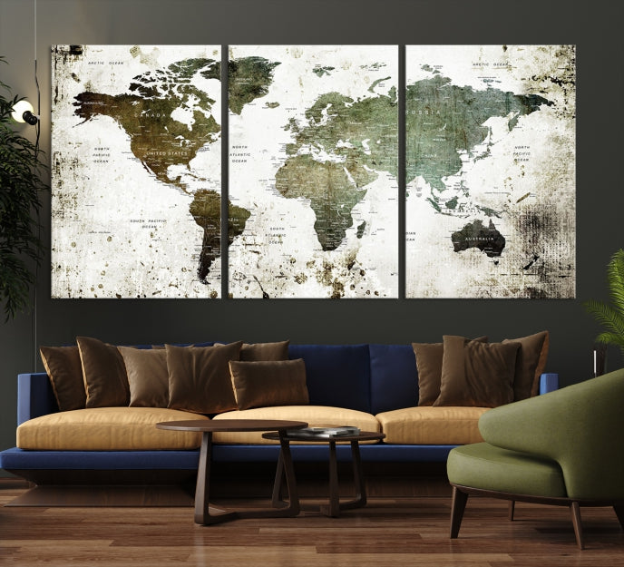 Green Brown World Map Painting on Canvas Giclee Print Framed Wall Art