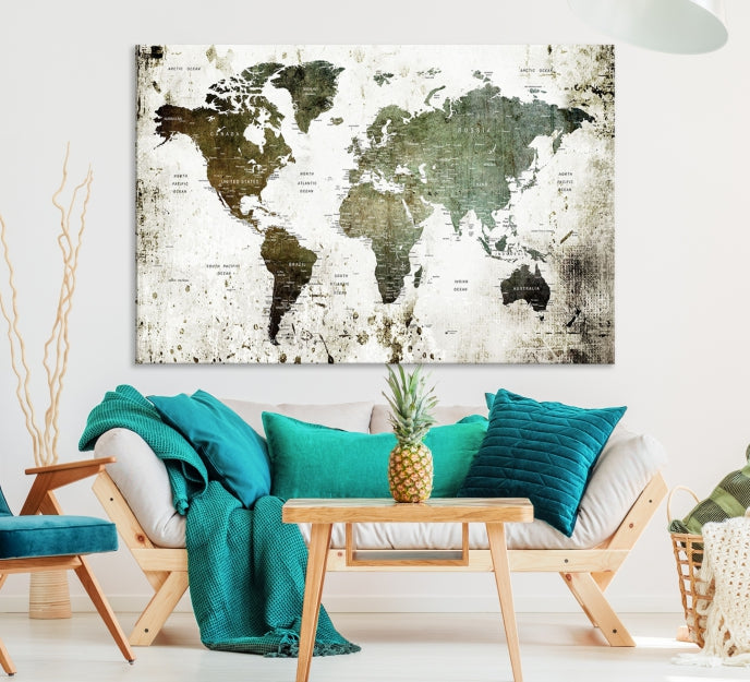 Green Brown World Map Painting on Canvas Giclee Print Framed Wall Art