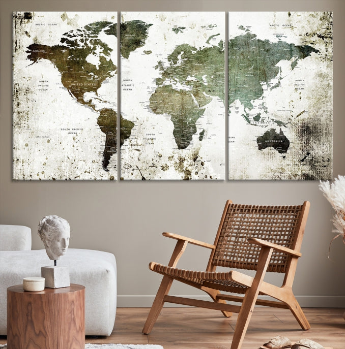 Green Brown World Map Painting on Canvas Giclee Print Framed Wall Art