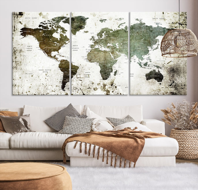 Green Brown World Map Painting on Canvas Giclee Print Framed Wall Art