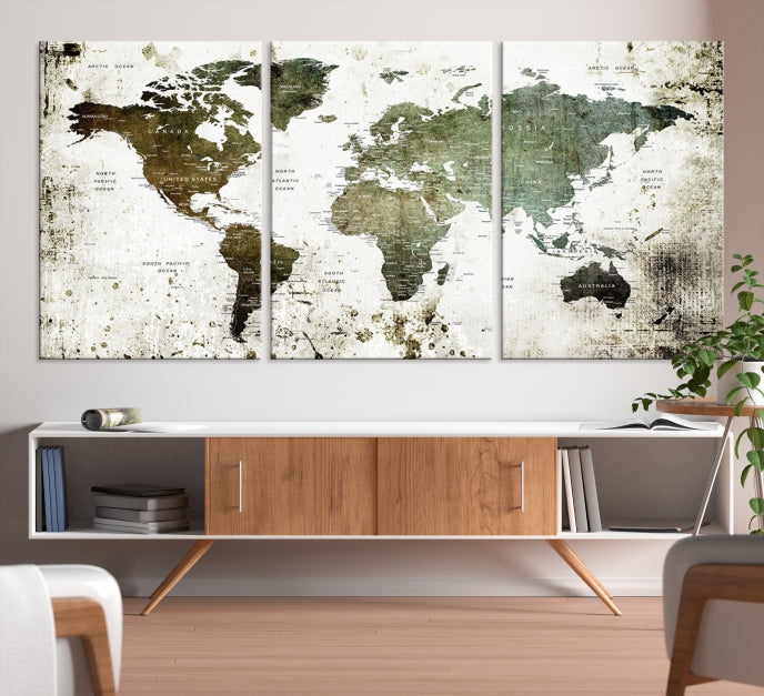 Green Brown World Map Painting on Canvas Giclee Print Framed Wall Art