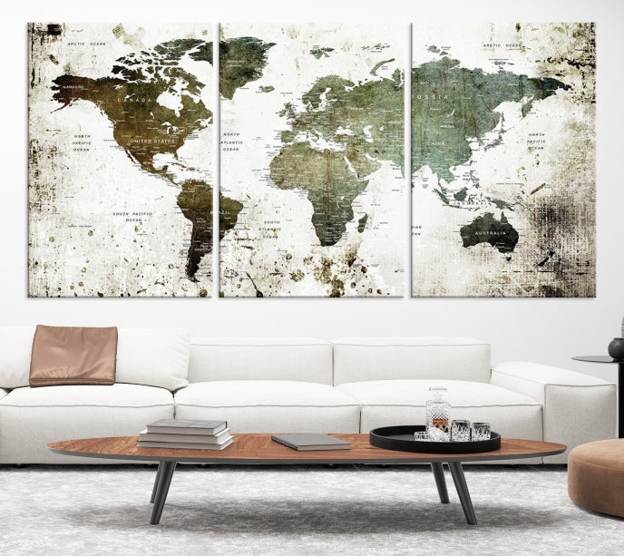 Green Brown World Map Painting on Canvas Giclee Print Framed Wall Art