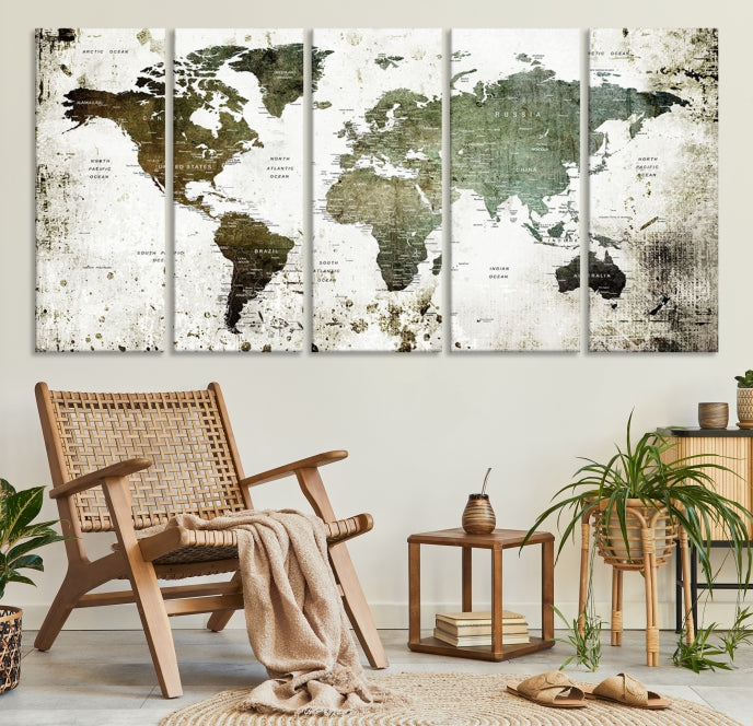 Green Brown World Map Painting on Canvas Giclee Print Framed Wall Art