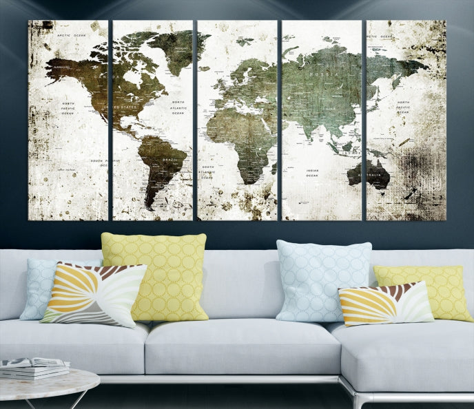 Green Brown World Map Painting on Canvas Giclee Print Framed Wall Art