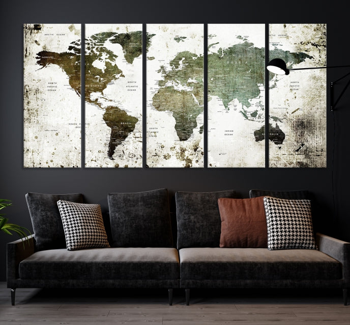 Green Brown World Map Painting on Canvas Giclee Print Framed Wall Art