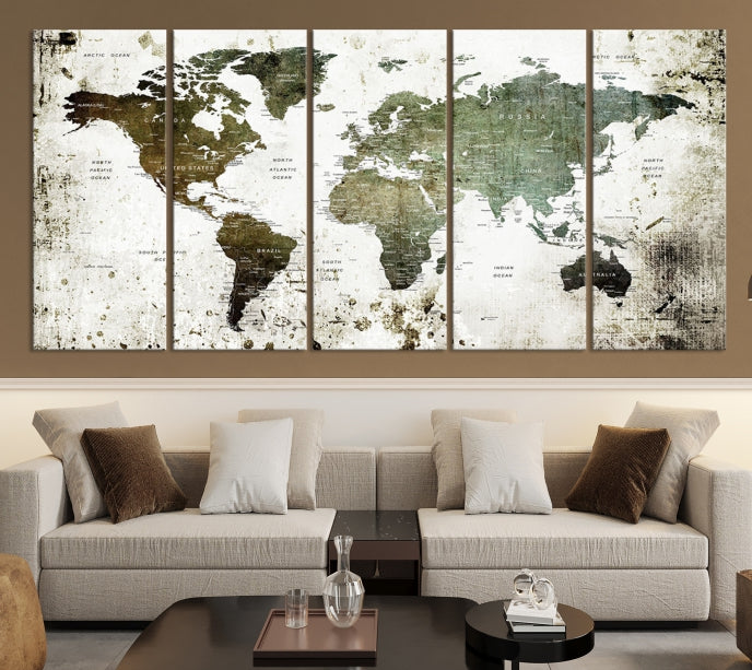 Green Brown World Map Painting on Canvas Giclee Print Framed Wall Art