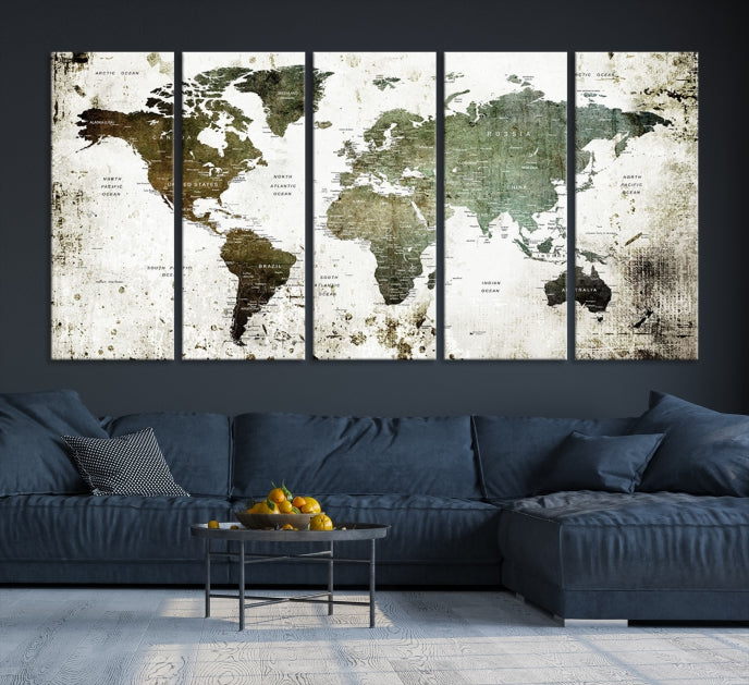 Green Brown World Map Painting on Canvas Giclee Print Framed Wall Art