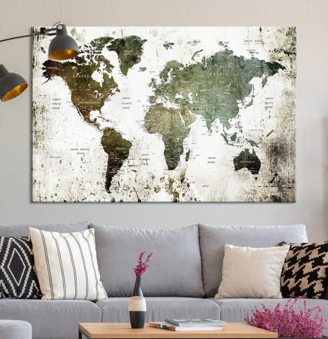 Green Brown World Map Painting on Canvas Giclee Print Framed Wall Art