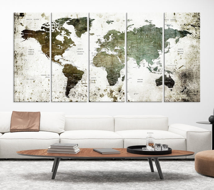 Green Brown World Map Painting on Canvas Giclee Print Framed Wall Art