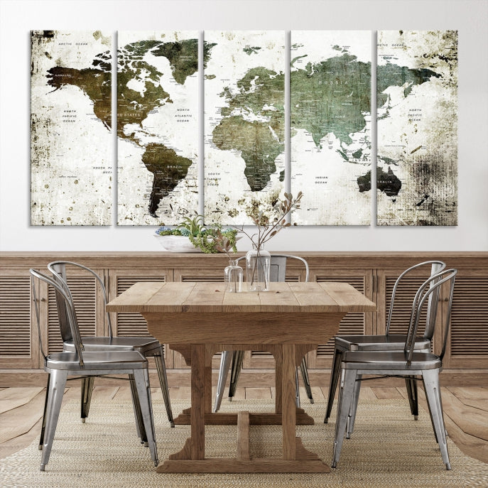 Green Brown World Map Painting on Canvas Giclee Print Framed Wall Art