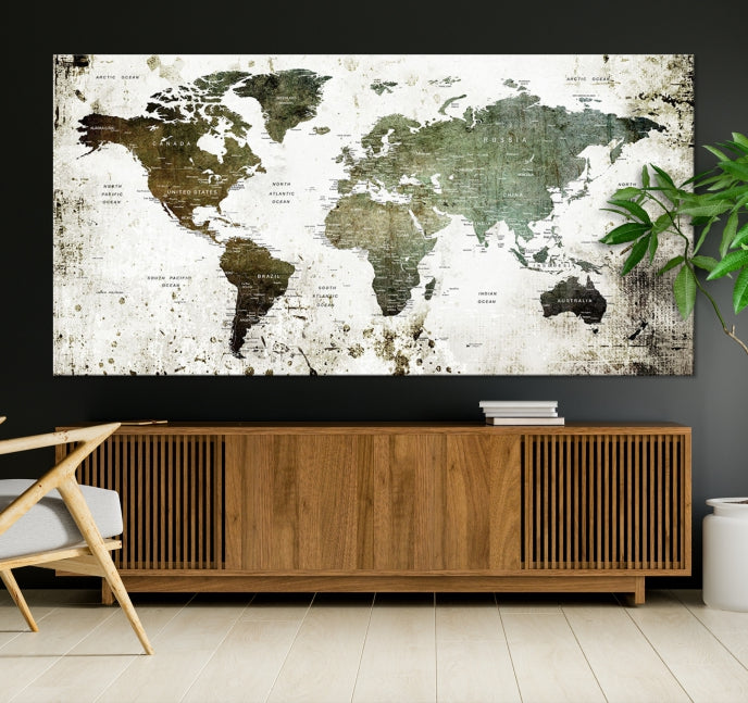 Green Brown World Map Painting on Canvas Giclee Print Framed Wall Art