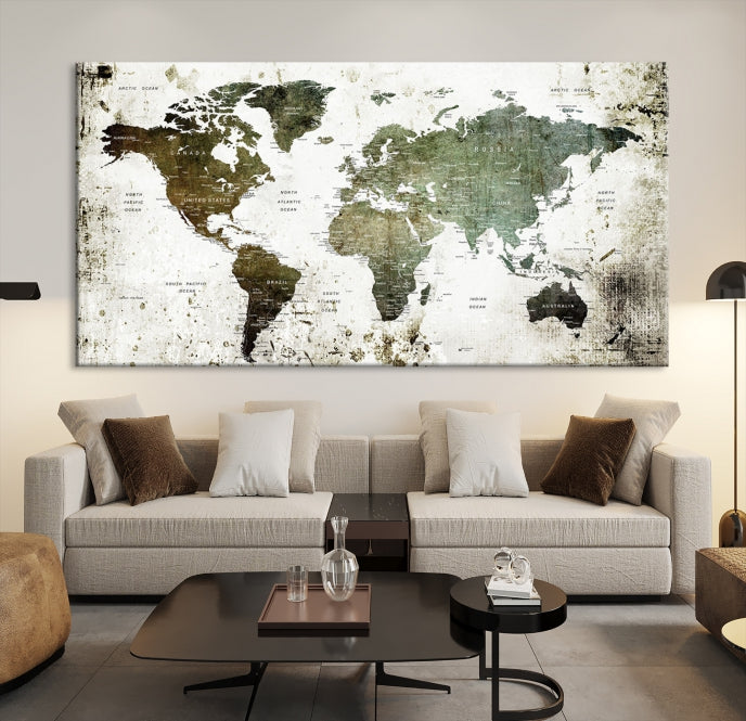 Green Brown World Map Painting on Canvas Giclee Print Framed Wall Art