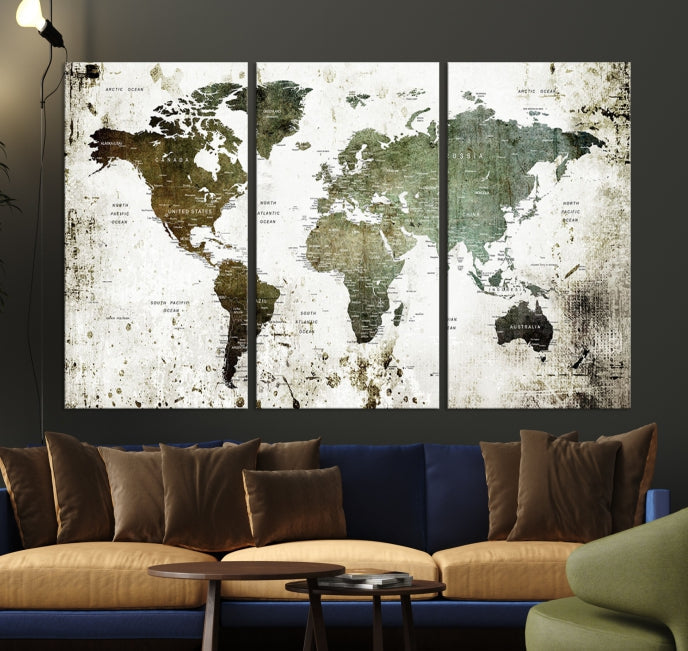 Green Brown World Map Painting on Canvas Giclee Print Framed Wall Art