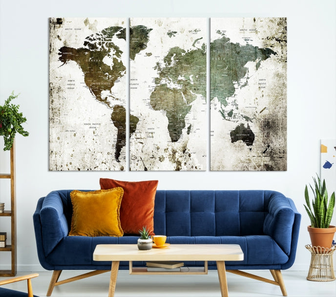 Green Brown World Map Painting on Canvas Giclee Print Framed Wall Art