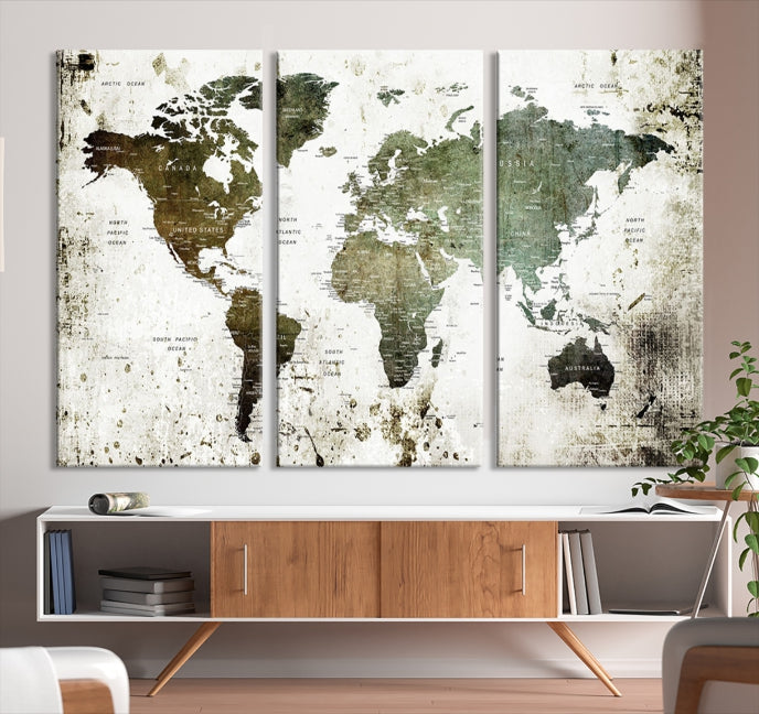 Green Brown World Map Painting on Canvas Giclee Print Framed Wall Art