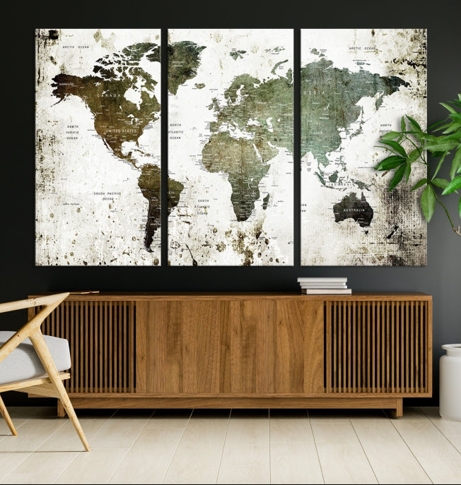 Green Brown World Map Painting on Canvas Giclee Print Framed Wall Art