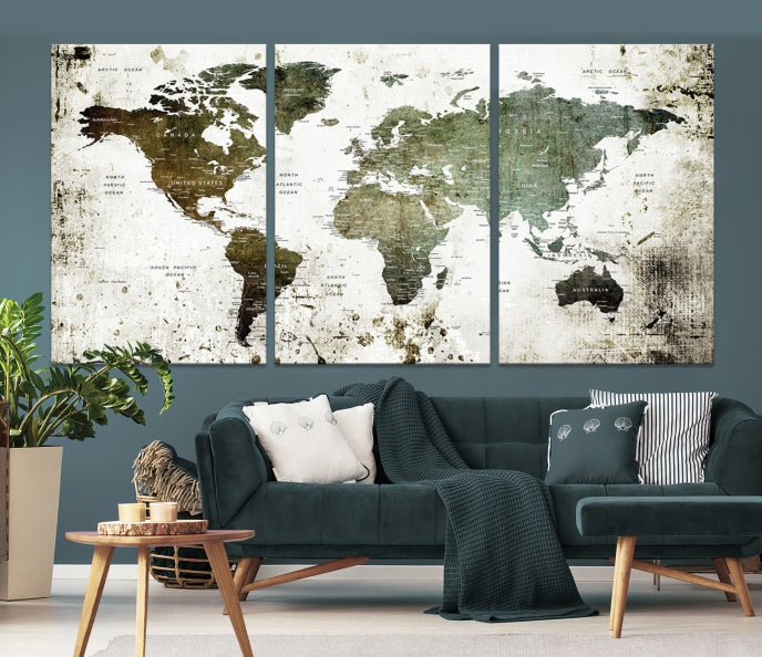 Green Brown World Map Painting on Canvas Giclee Print Framed Wall Art