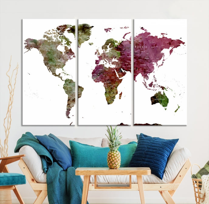 Green Purple Framed Push Pin Large World Map Wall Art Canvas Print