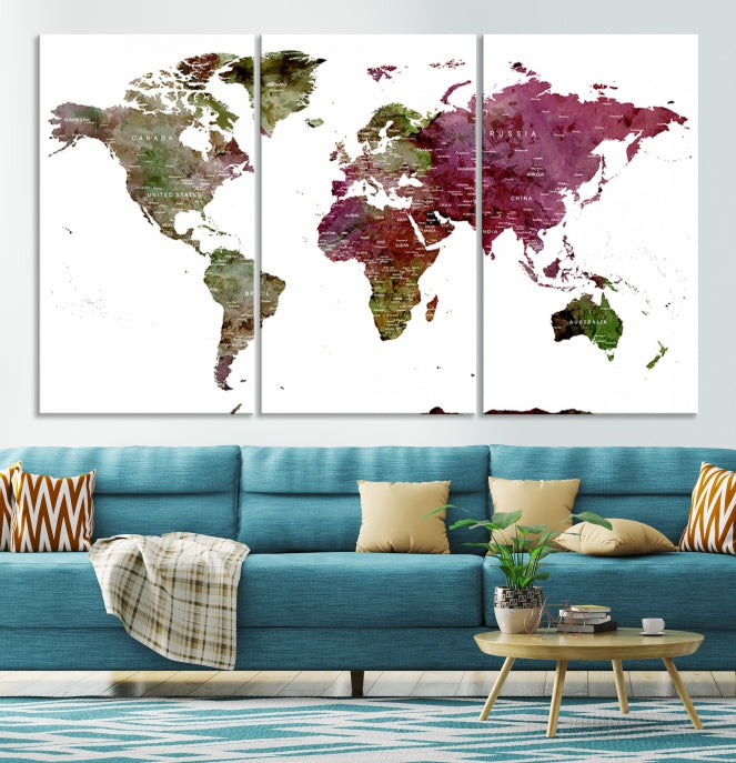 Green Purple Framed Push Pin Large World Map Wall Art Canvas Print