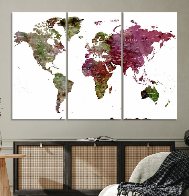 Green Purple Framed Push Pin Large World Map Wall Art Canvas Print