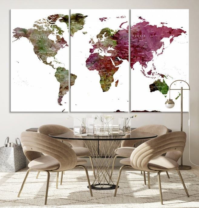 Green Purple Framed Push Pin Large World Map Wall Art Canvas Print