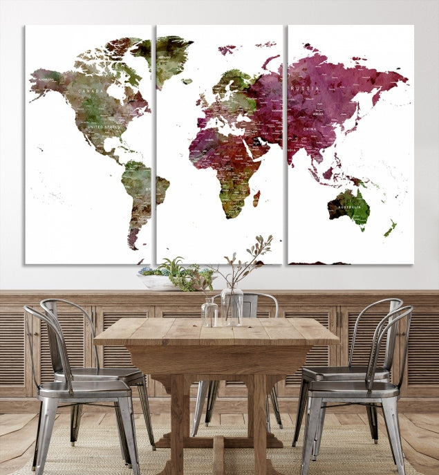 Green Purple Framed Push Pin Large World Map Wall Art Canvas Print