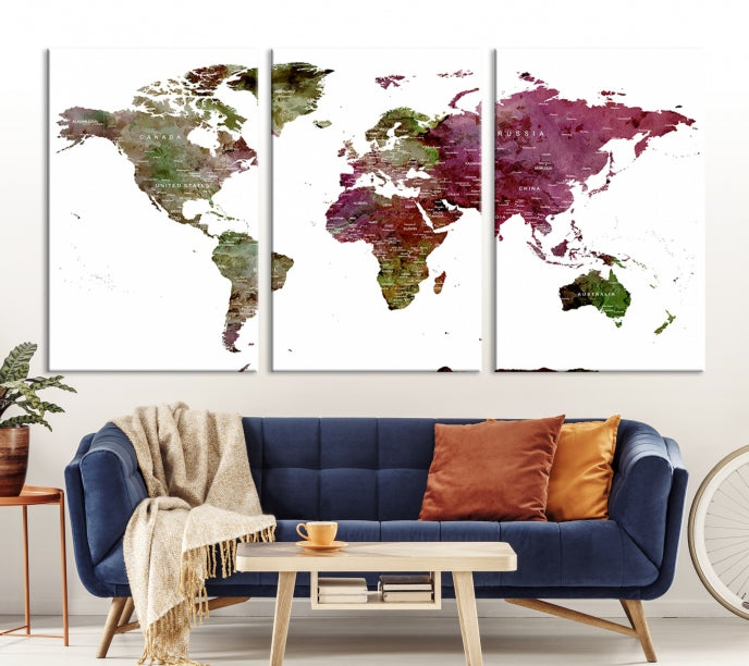 Green Purple Framed Push Pin Large World Map Wall Art Canvas Print